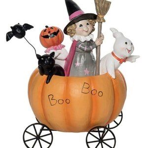 Halloween 8.75" Orange and Gray "Boo Boo" Pumpkin Cart Table Decor Transpac NEW